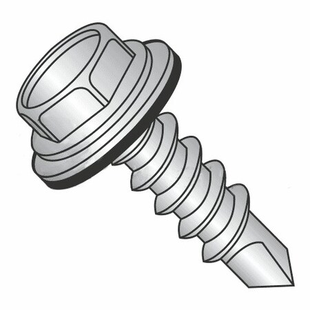 Self-Drilling Screw, #12 x 1 in, Plain 410 Stainless Steel Flange Hex Head External Hex Drive